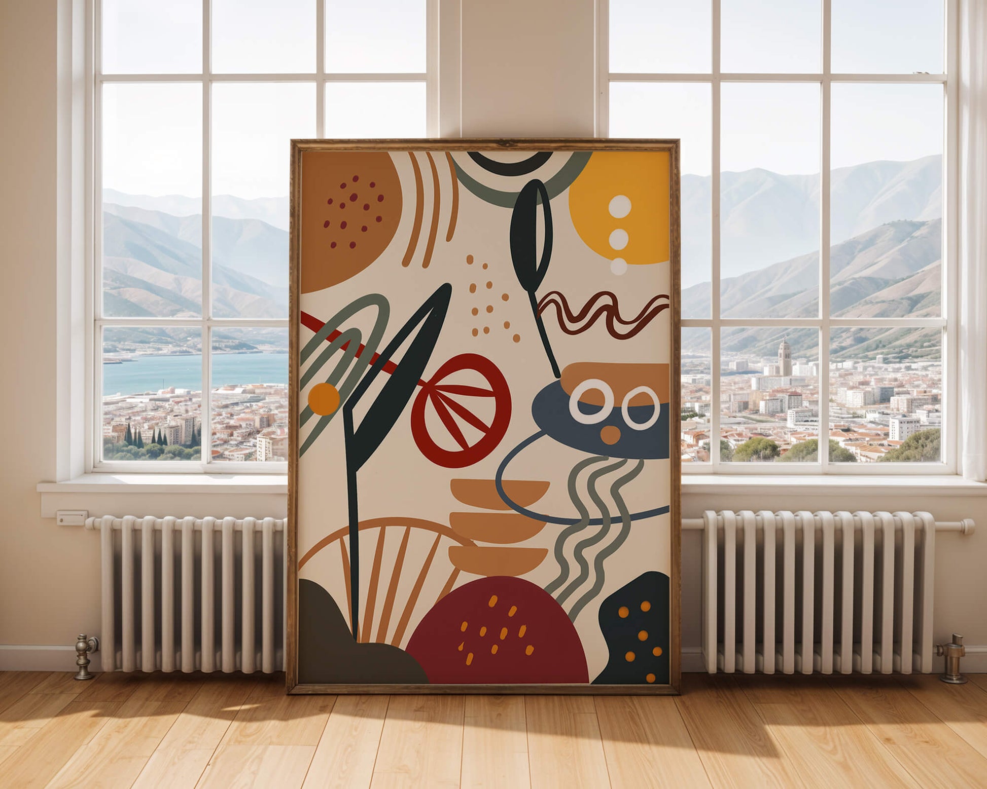 Arte geométrico abstracto con patrones y colores llamativos.