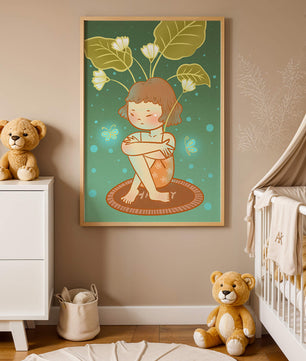 Ilustración de un niño con tocado floral y mariposas