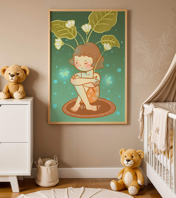 Child with floral headpiece and butterflies illustration