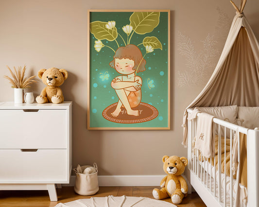 Child with floral headpiece and butterflies illustration