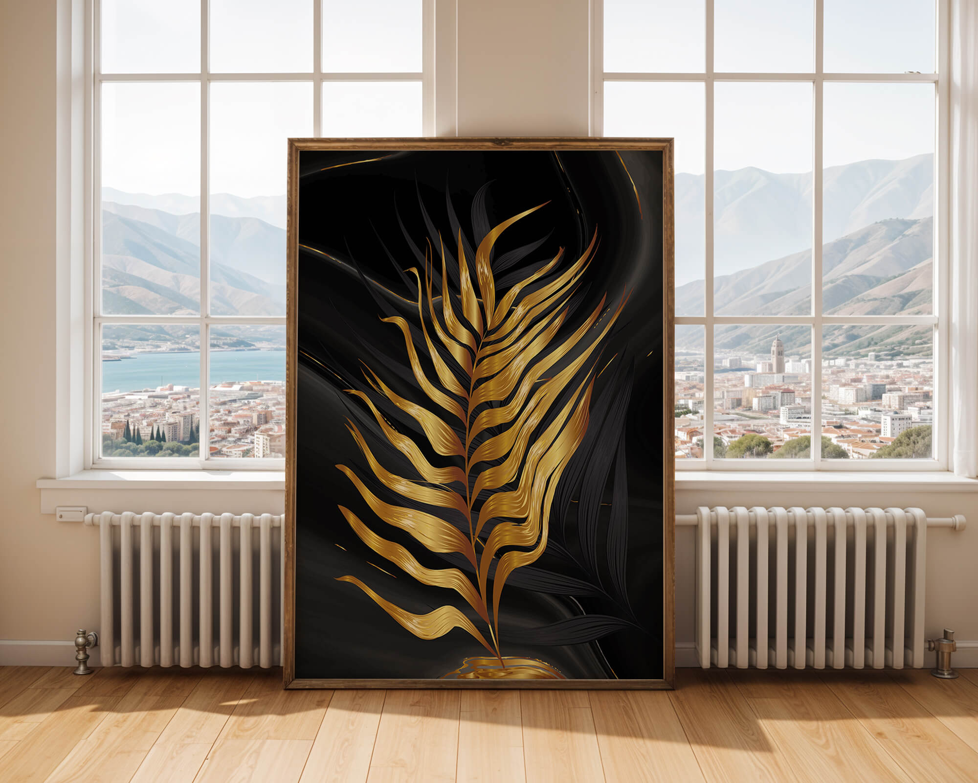 Golden Palm Leaf on Black Background