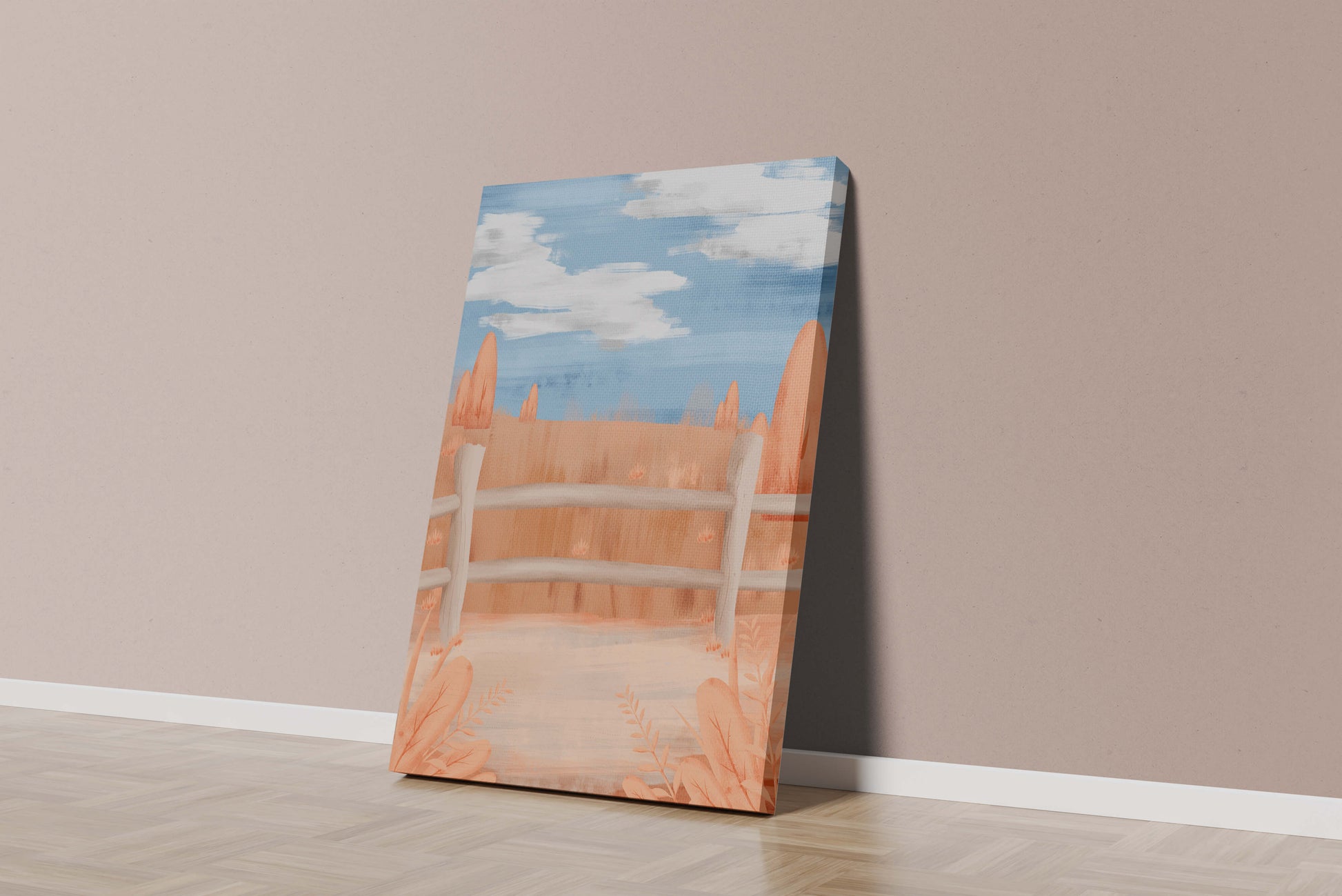 Paisaje otoñal sereno con cerca de madera y cielo azul