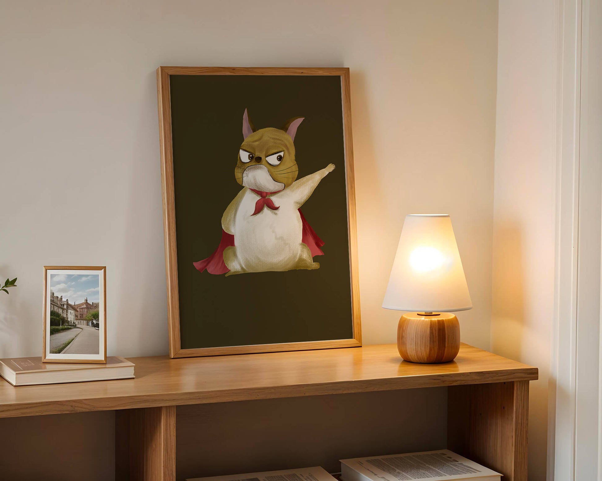 Cartoon superhero dog with red cape illustrating playful strength