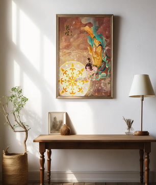 Figura celestial elegante con aura dorada y motivos florales