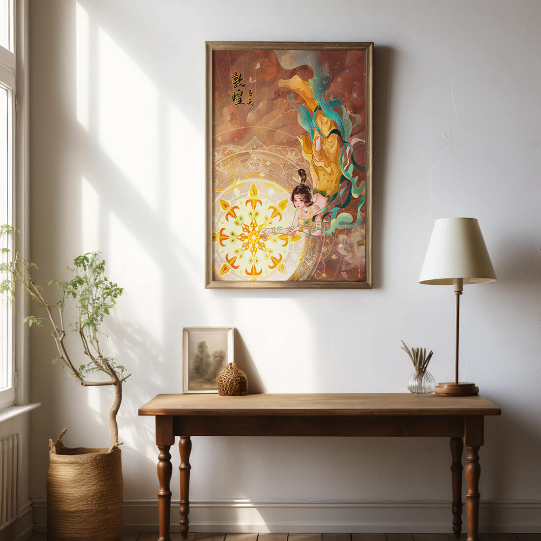 Figura celestial elegante con aura dorada y motivos florales