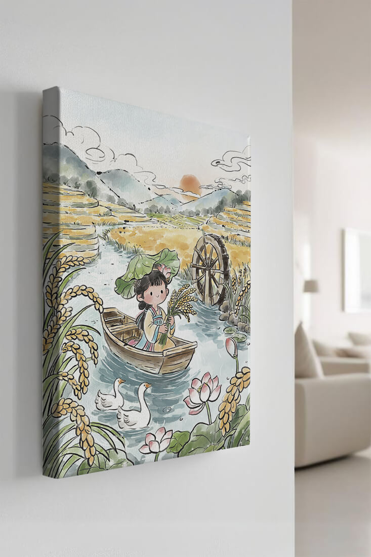 Niña en un bote con campos de arroz y atardecer de fondo