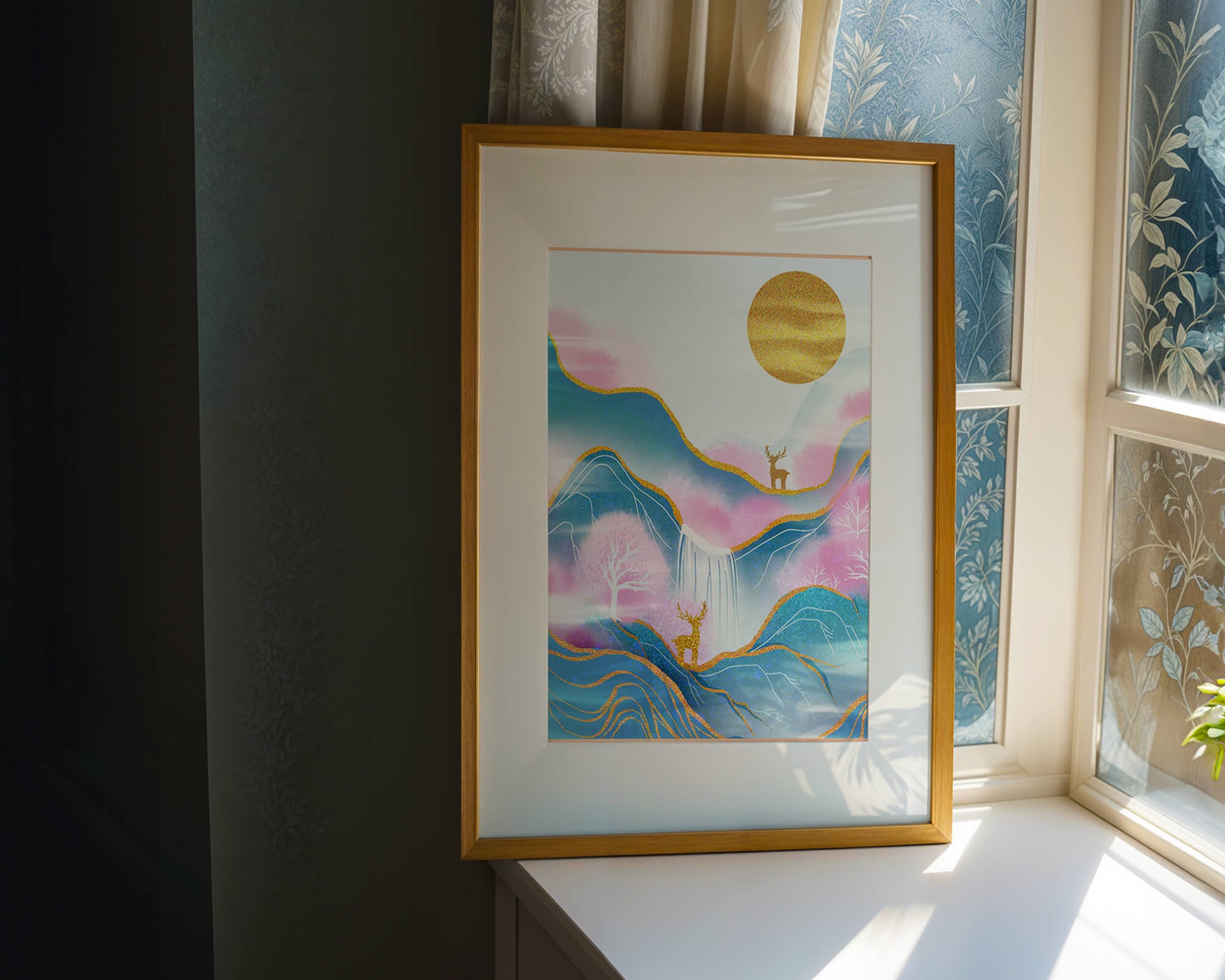 Golden deer in a pastel mountain landscape with pink skies
