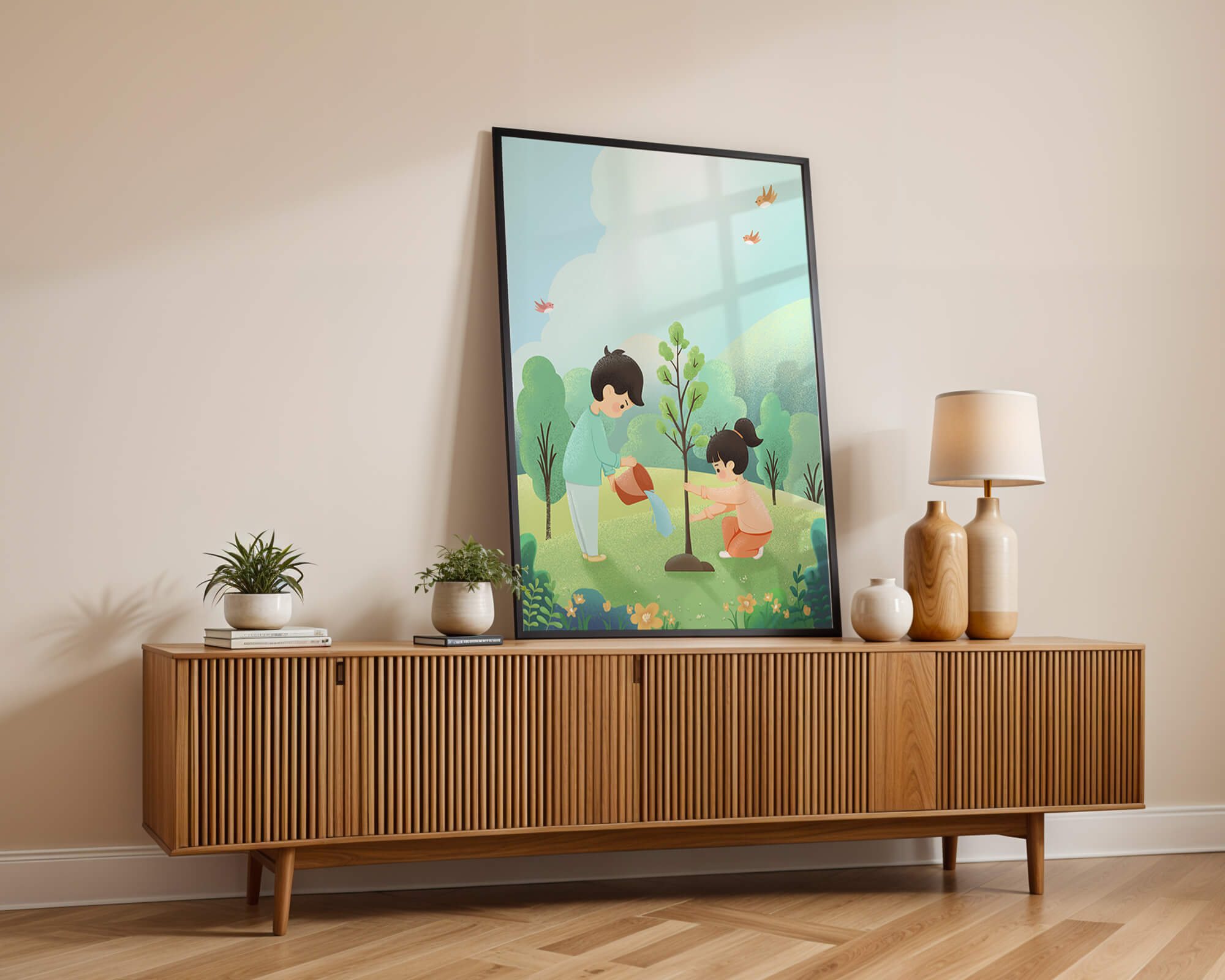 Children nurturing a young tree in a lush green landscape