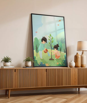 Kinder pflegen einen jungen Baum in einer üppig grünen Landschaft