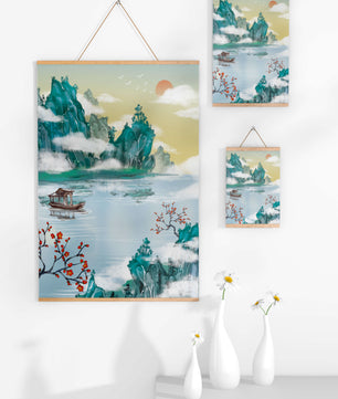 Serene lake scene with traditional boat and mountains under morning sun