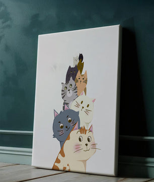 Stack of adorable cartoon cats with diverse patterns and colors