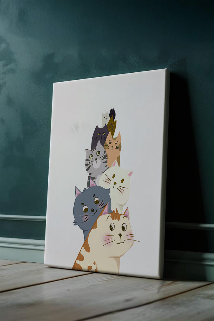 Stack of adorable cartoon cats with diverse patterns and colors