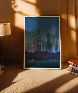 Paisaje urbano moderno con rascacielos iluminados reflejándose en el agua