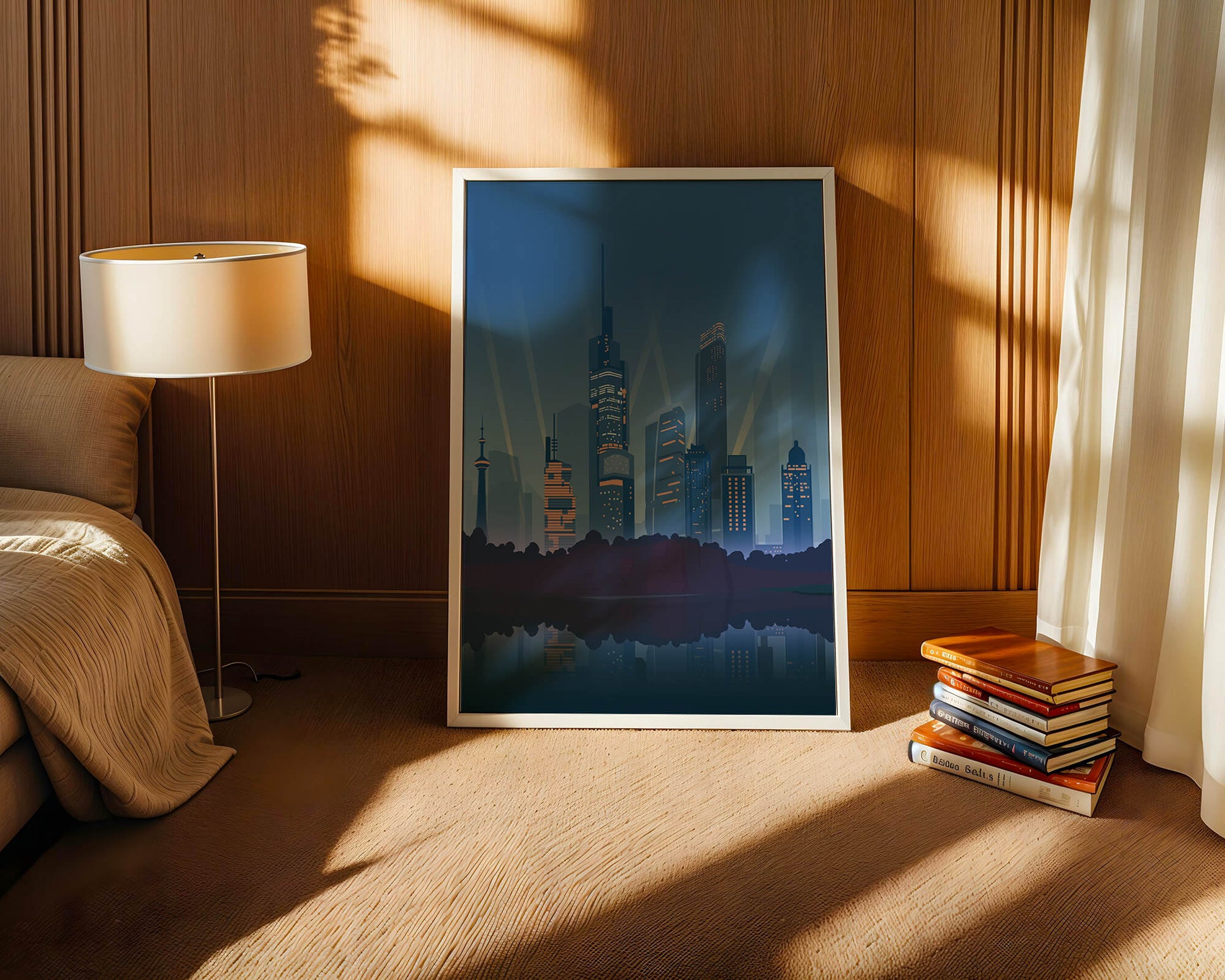 Modern cityscape with illuminated skyscrapers reflecting on water