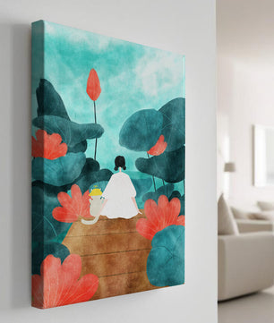 Serene scene with a person and cat among large leaves and flowers