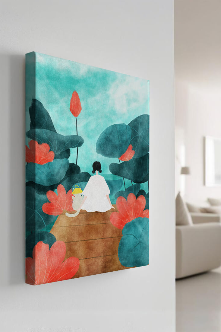 Serene scene with a person and cat among large leaves and flowers