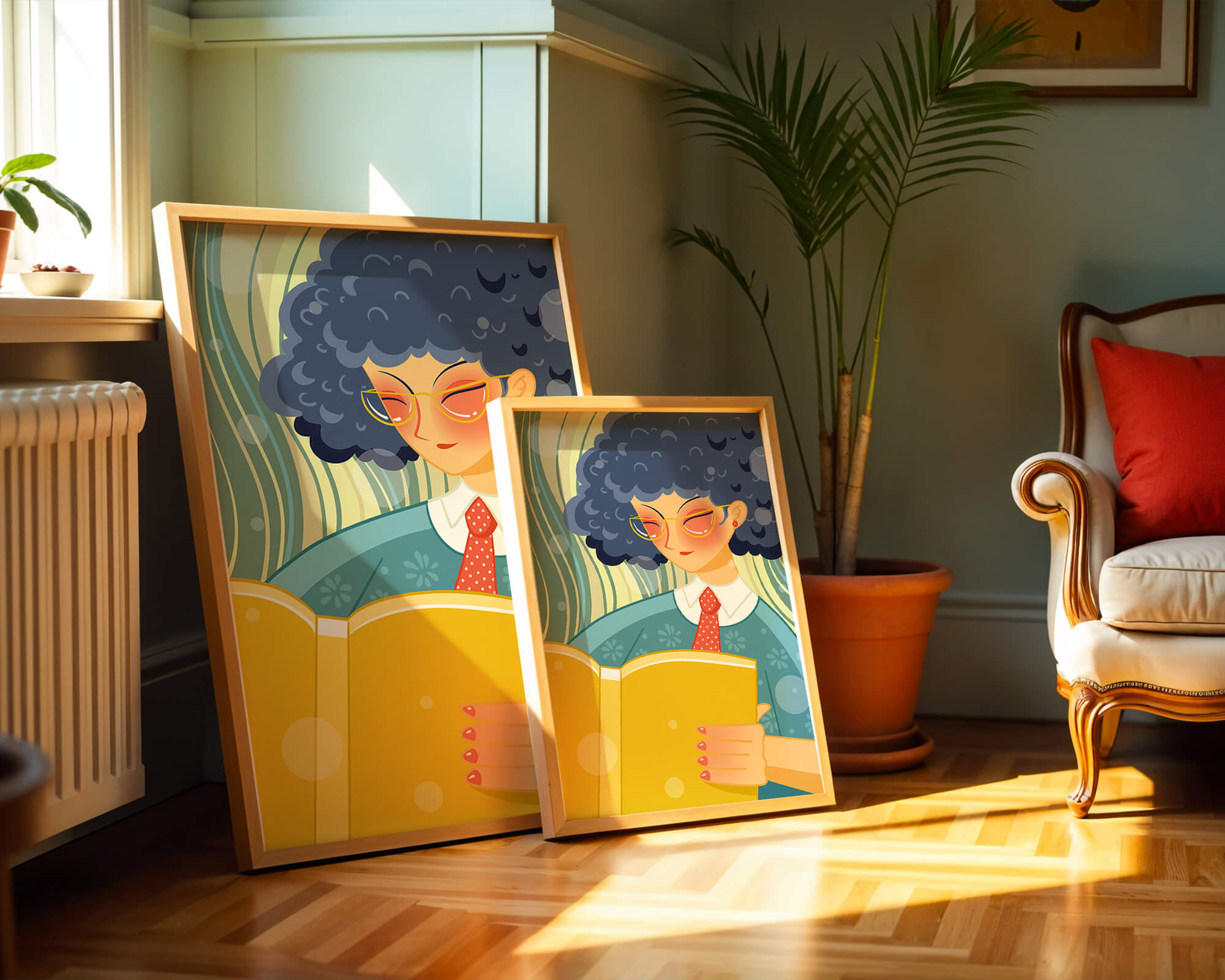 Illustration of a person reading a large yellow book in a stylized design