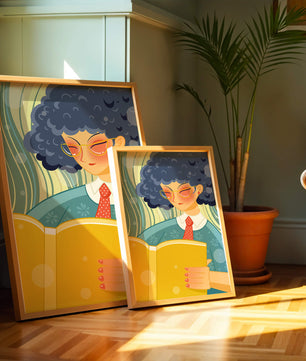 Illustration d'une personne lisant un grand livre jaune dans un style stylisé