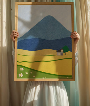Serene Countryside Landscape with Mountain and Flowers