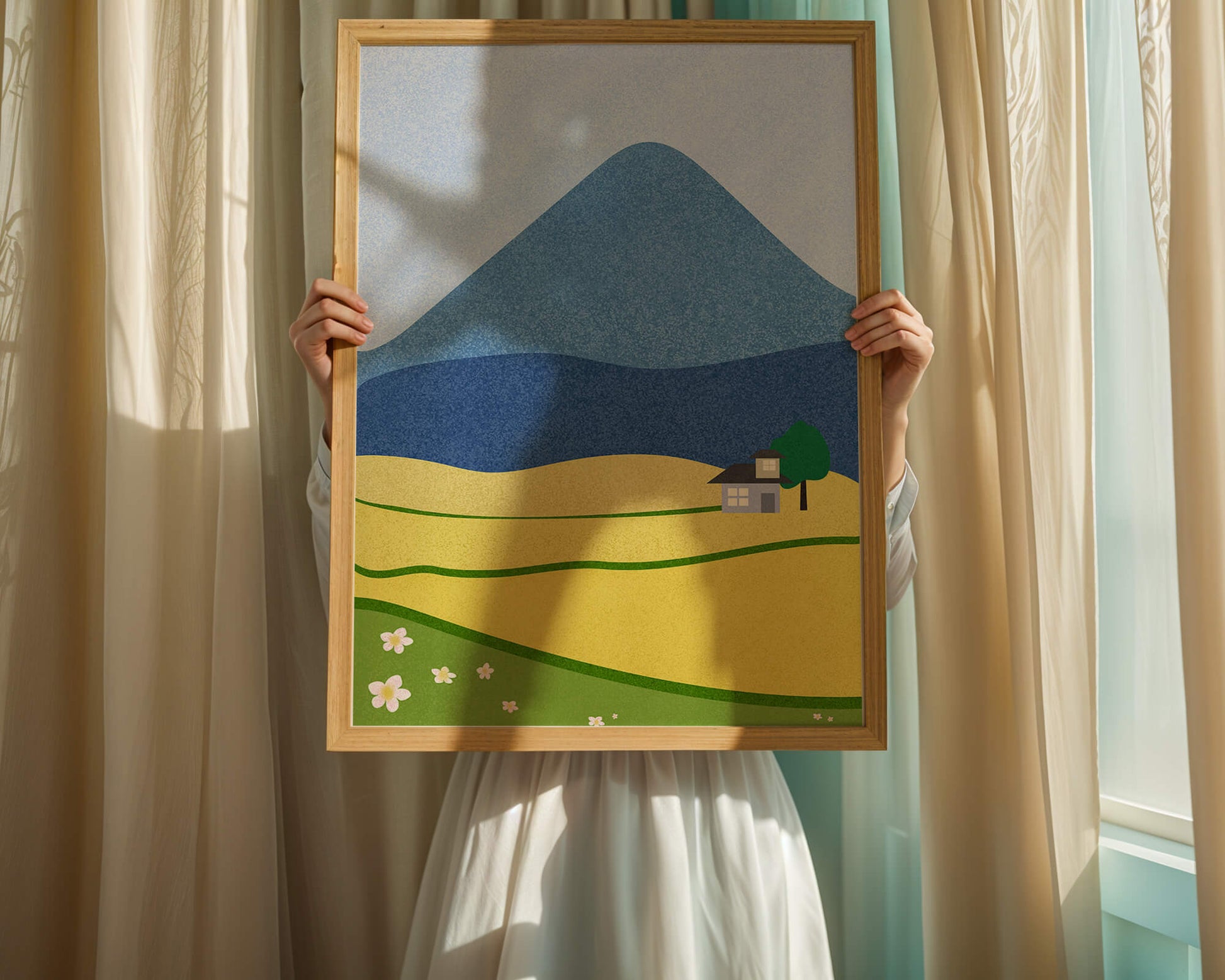 Serene Countryside Landscape with Mountain and Flowers