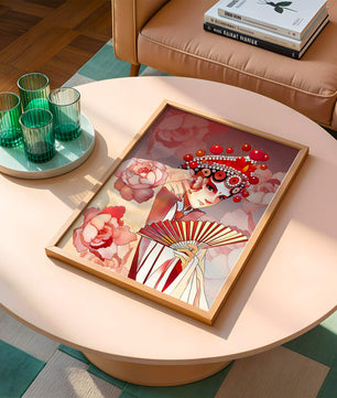 Traditional Asian artwork with floral motifs and ornate headpiece