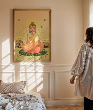 Heitere Illustration einer meditativen Figur auf einem Lotus mit himmlischem Hintergrund