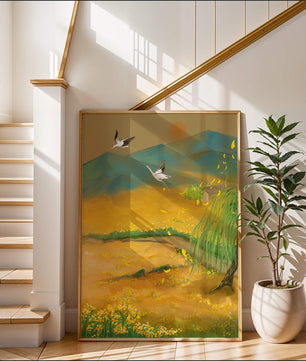 Ruhige Landschaft mit fliegenden Kranichen und goldenen Blüten