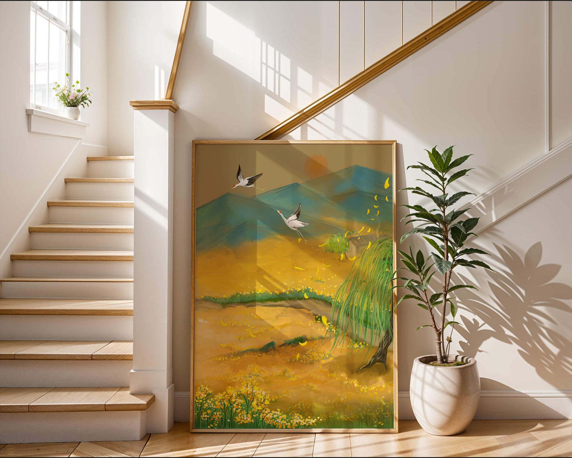 Ruhige Landschaft mit fliegenden Kranichen und goldenen Blüten