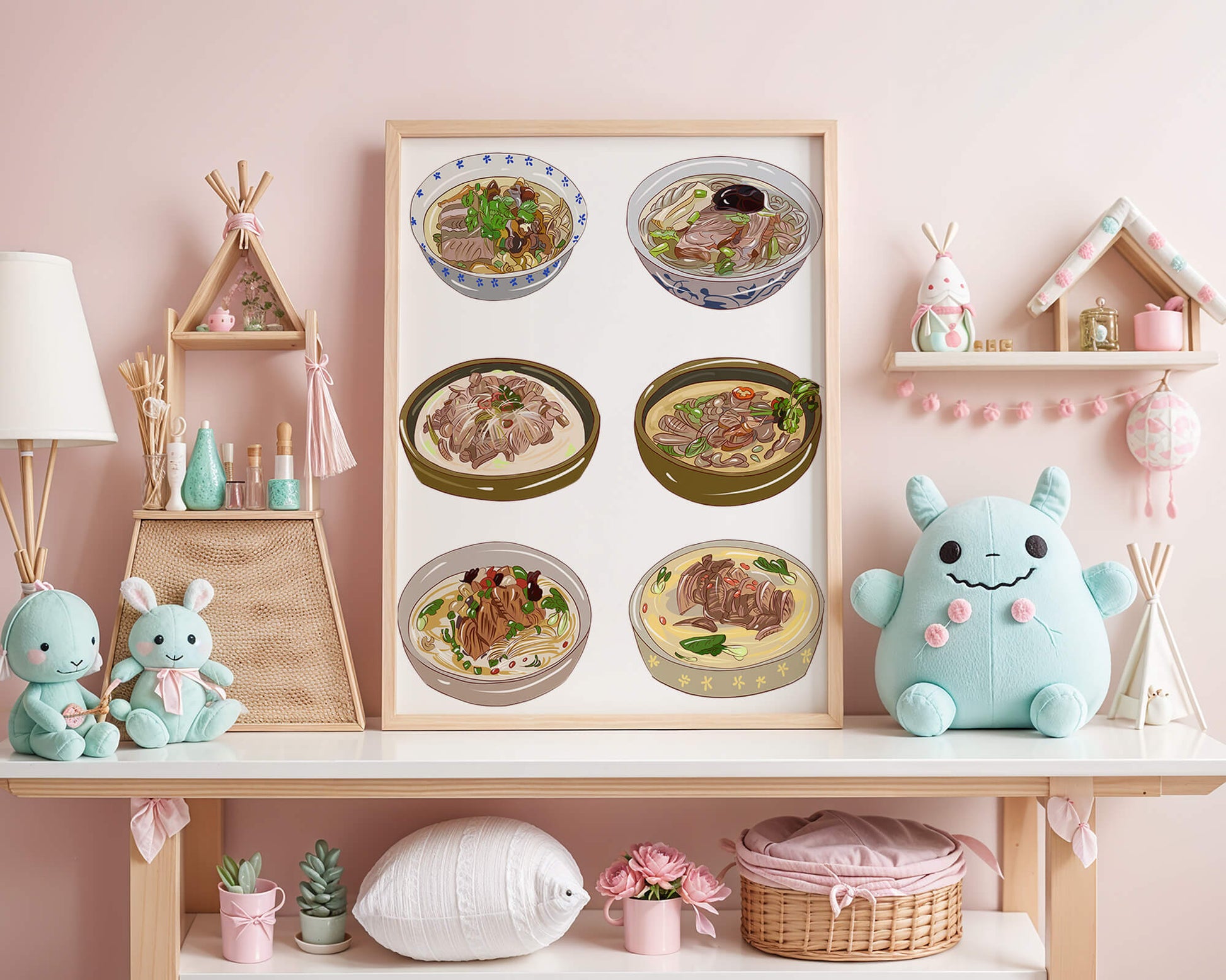 Illustrated bowls of Asian noodle soups with herbs and vegetables