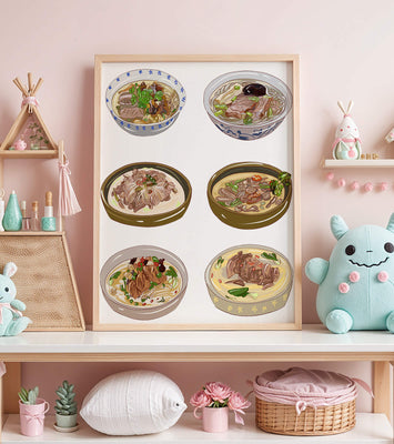 Illustrated bowls of Asian noodle soups with herbs and vegetables