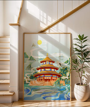 Alter chinesischer Pavillon am Wasser mit Kranichen und Bergen