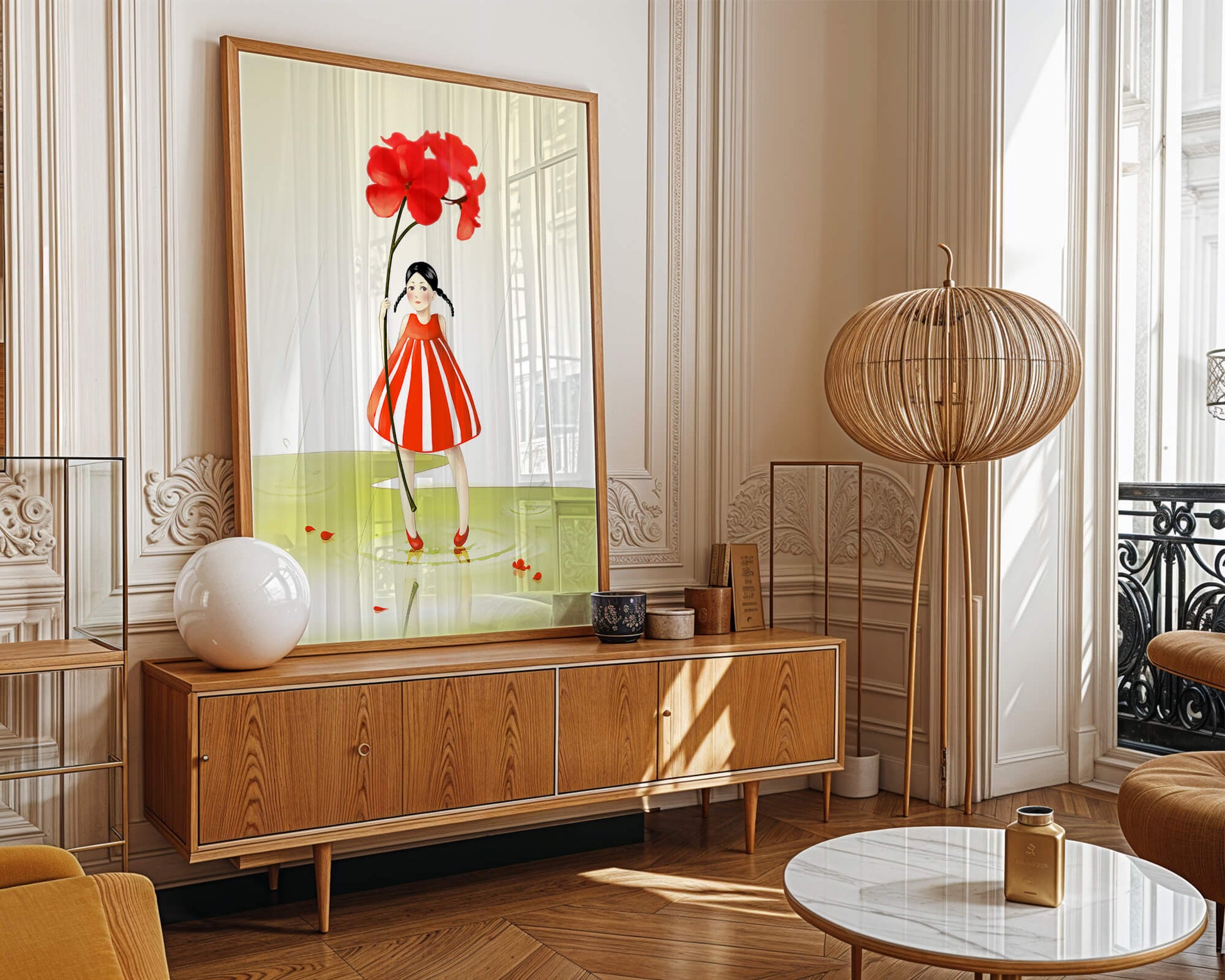 Young girl holding large red flower standing in puddle illustration
