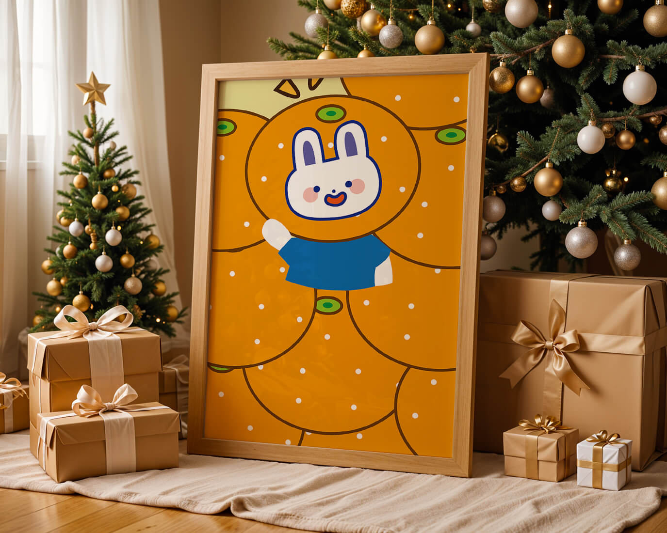 Whimsical illustration of a bunny surrounded by oranges