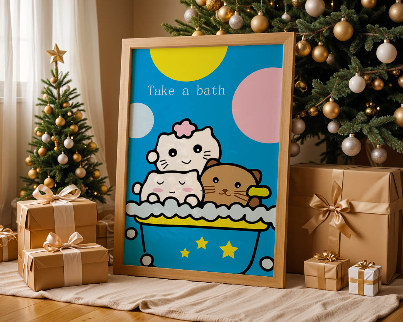 Adorable cartoon characters in a bubble bath with vibrant background