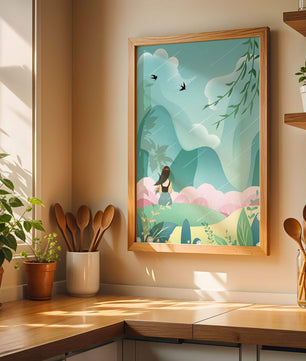 Peaceful landscape with a girl and nature elements