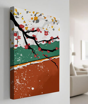 Artistic depiction of blossom branches with gold elements and abstract background