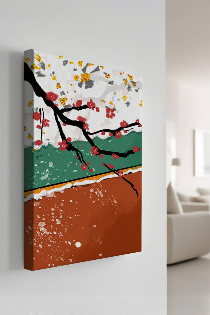 Artistic depiction of blossom branches with gold elements and abstract background
