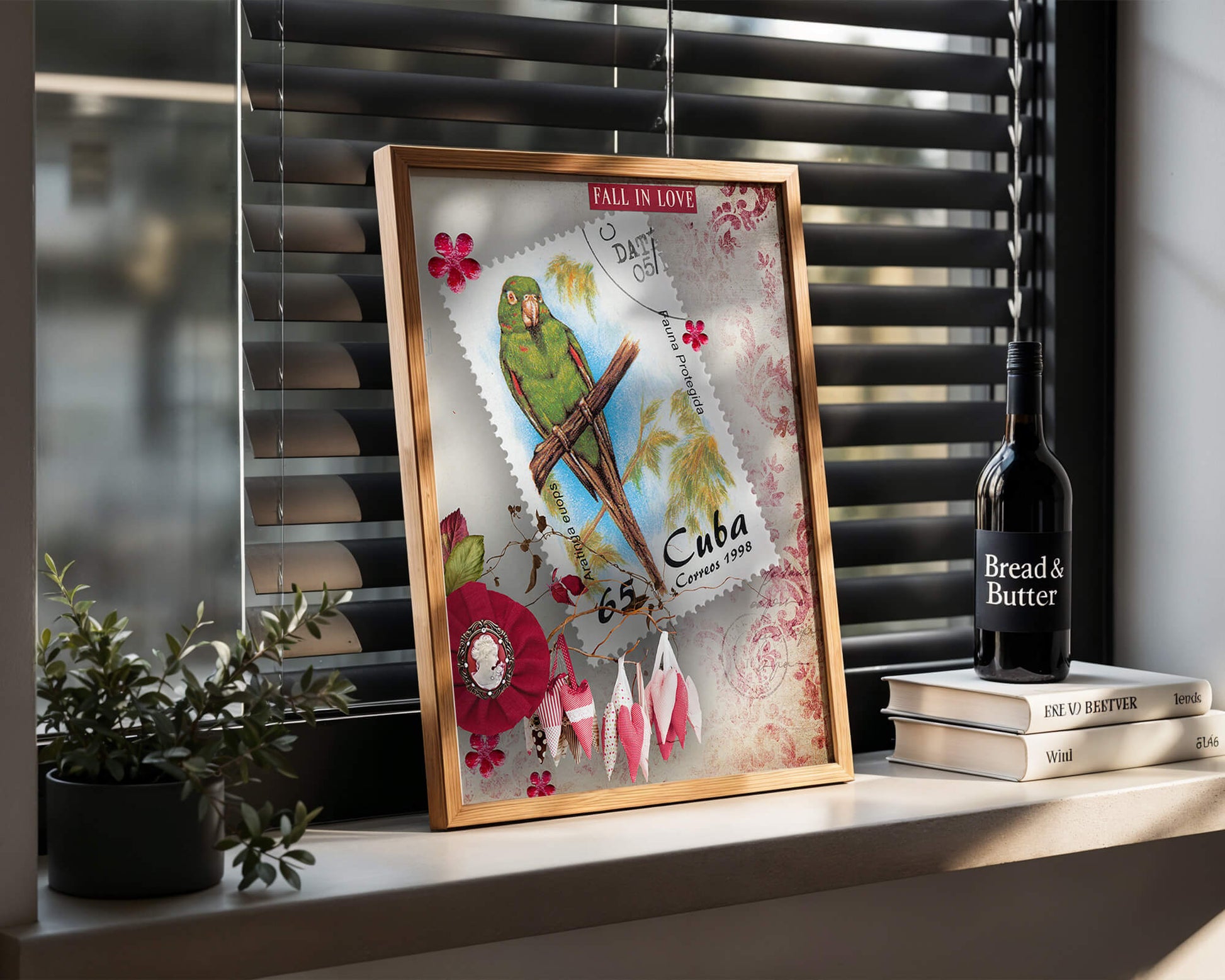 Vintage Cuban parrot stamp with romantic decorations