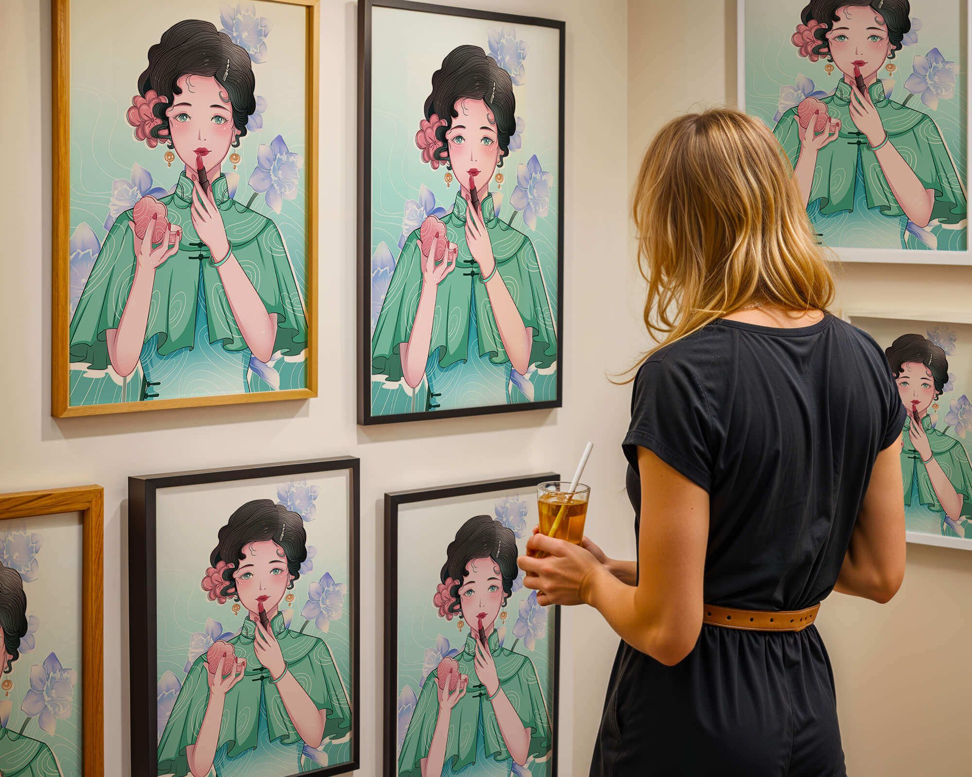 Woman applying lipstick with elegant floral background