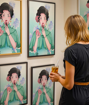 Woman applying lipstick with elegant floral background