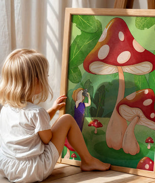 Playful illustration of a child with oversized mushrooms in a whimsical forest setting