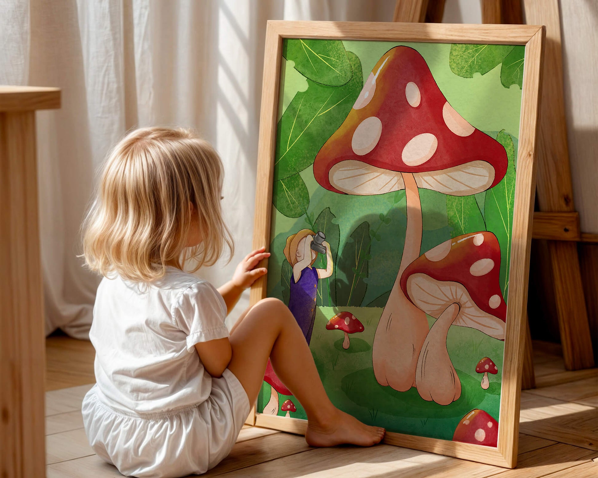 Playful illustration of a child with oversized mushrooms in a whimsical forest setting