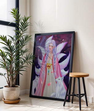 Fantasy art of ethereal figure with foxes and petals