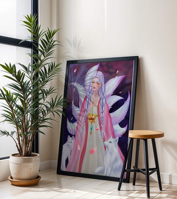 Fantasy art of ethereal figure with foxes and petals
