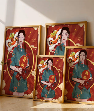 Elegant woman in traditional attire with lion dance mask in vibrant background