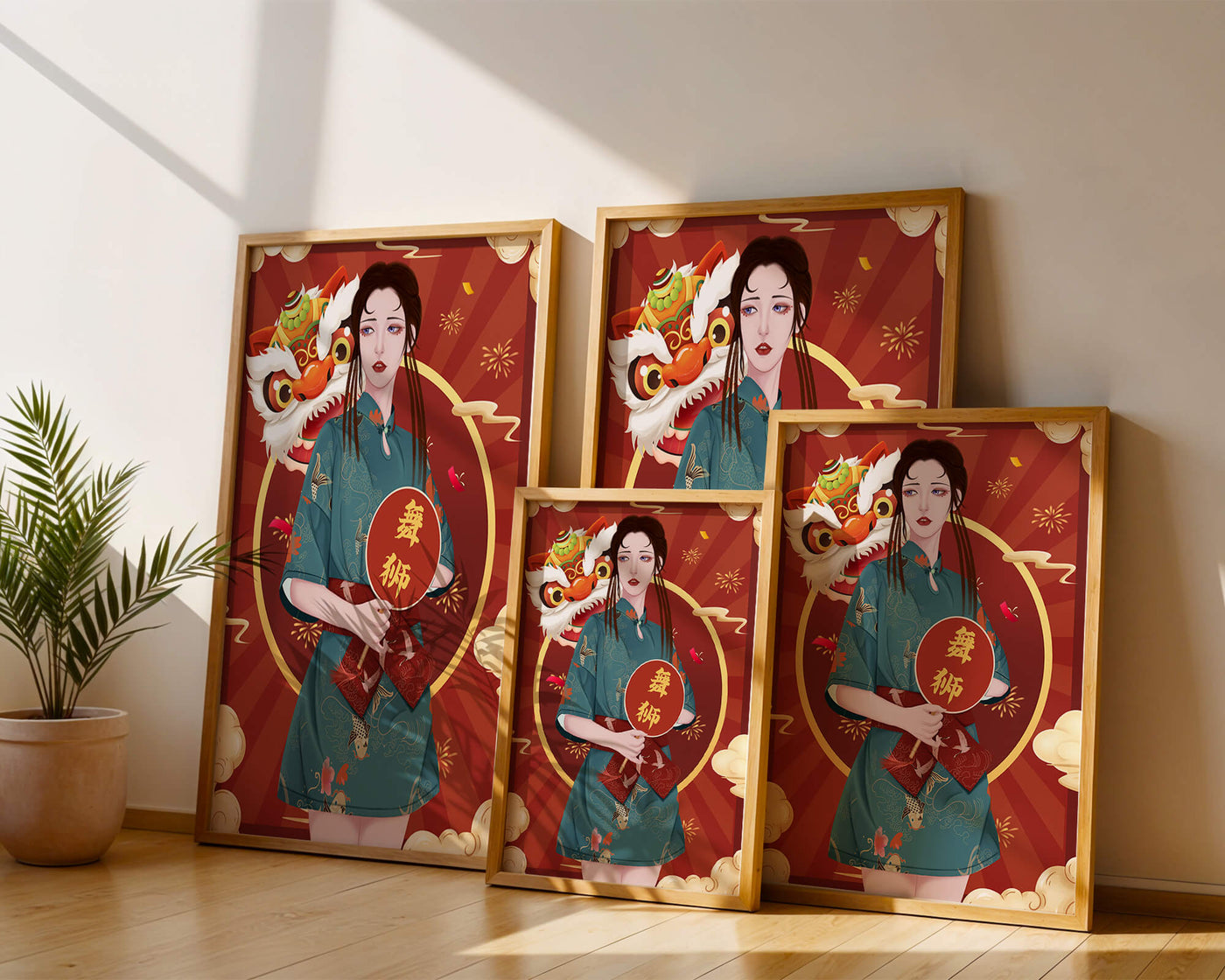 Elegant woman in traditional attire with lion dance mask in vibrant background