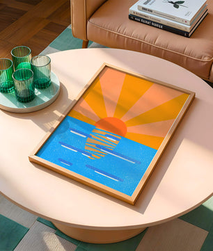 A vibrant sunrise illustration over the ocean with colorful rays