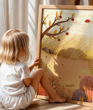 Autumn landscape illustration with apple tree and sunrise in a serene field