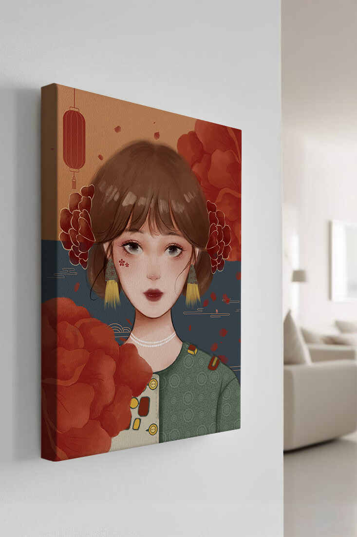 Illustration of a woman adorned with floral elements and traditional accessories