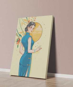 Mujer elegante con vestido tradicional y fondo floral y sol dorado